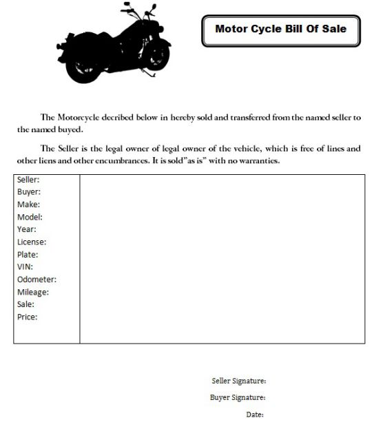 printable motorcycle bill of sale template word