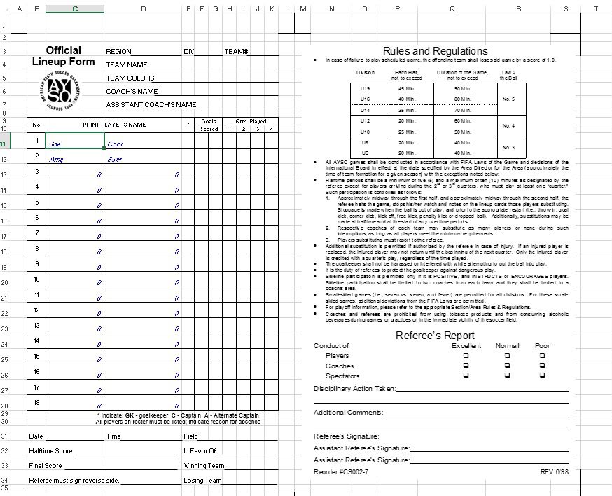 excel soccer lineup template