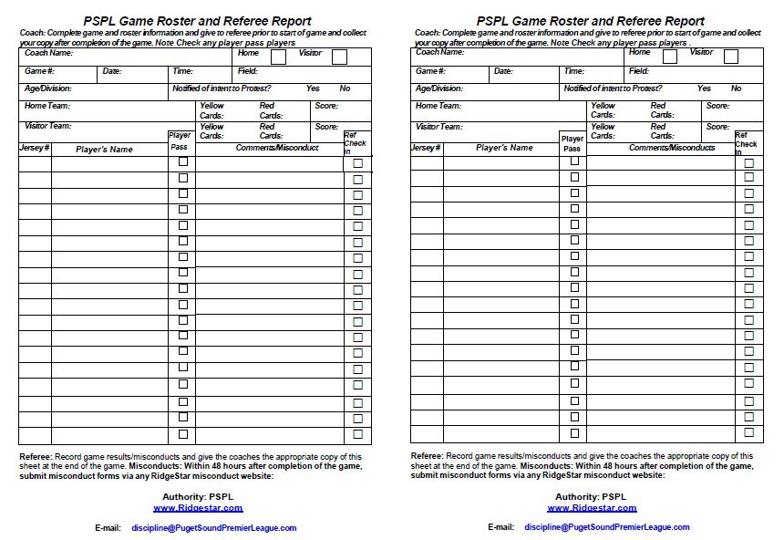 PSPL Game Roster And Referee Report