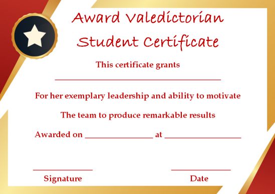 Valedictorian student award certificate