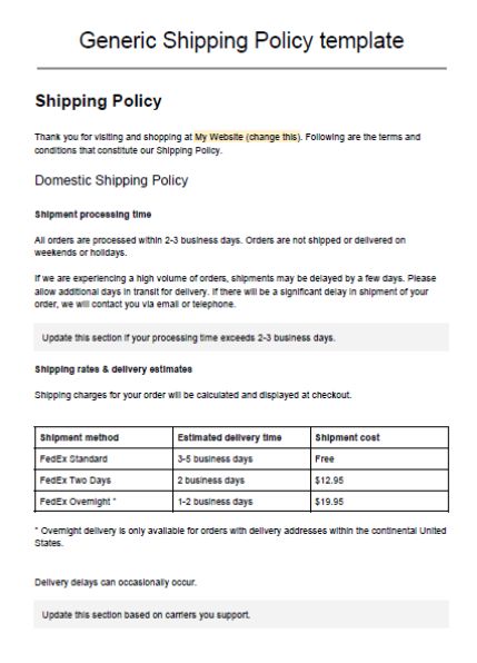 Generic Shipping Policy Template