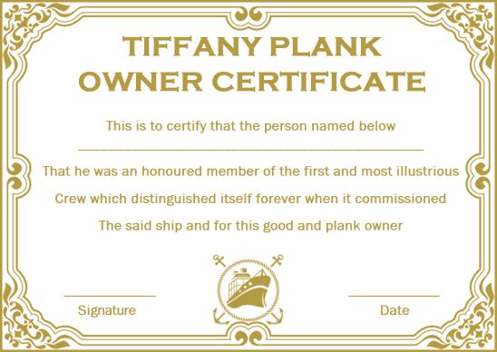 Tiffany Plank Owner Certificate