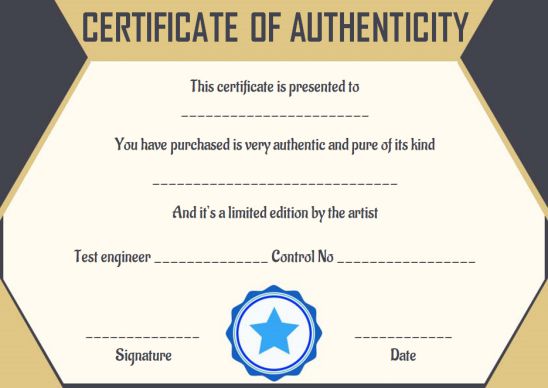 Blank certificate of authenticity template